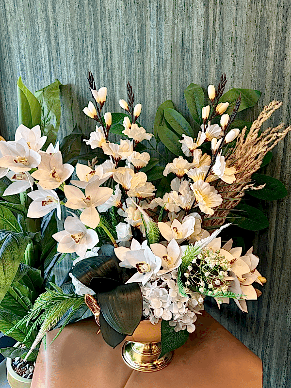  Gaziantep Çiçek Gönder - Metal  Vazoda Yapay Beyaz Orkide & Ortanca Çiçeği