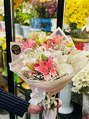 Gaziantep Çiçek Siparişi - Beyaz ve Pembe 10 Dal Zambak Buketi